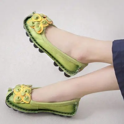 Этнические женские лоферы из натуральной кожи; однотонные сандалии на плоской подошве с круглым носком и цветочным принтом; женская обувь на платформе; Zapatos De Mujer; 587W - Цвет: 586-green