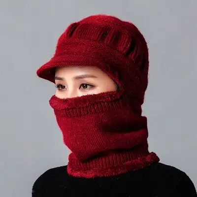 Зимние шапки Skullies Beanies, шляпа для мамы, модная женская шерстяная шапка-шарф, Балаклава, маска, шапка, вязаные шапки в полоску - Цвет: wine red