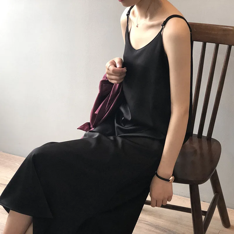 Summer Satin Black Sexy Women Dress 2020 Women's Dress Luxury Shiny Sundress Imitation Silk dress Y0786 Spaghetti Strap Dresses (21)