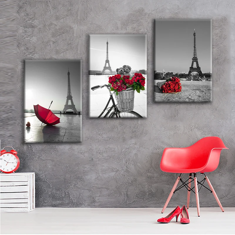 Red-umbrella-Rose-Black-White-Paris-Eiffel-Tower-Landscape-Poster-Prints-Canvas-Painting-Art-Wall-Picture