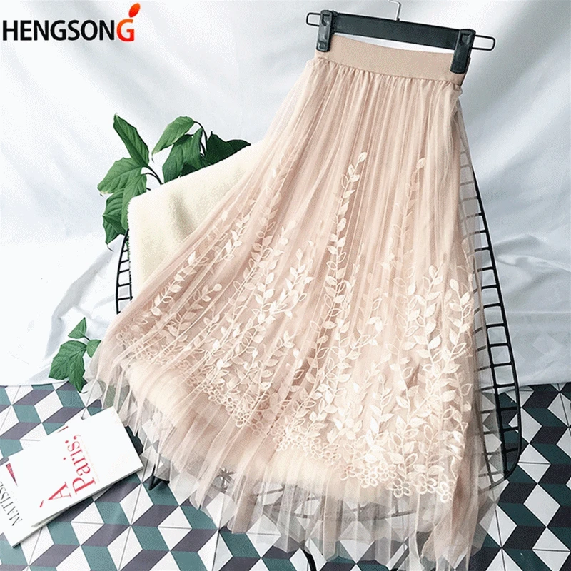 Женская юбка миди, элегантная Тюлевая длинная Плиссированная юбка для женщин, летняя Цветочная вышивка, трапециевидная юбка-пачка, кружевная сетчатая юбка