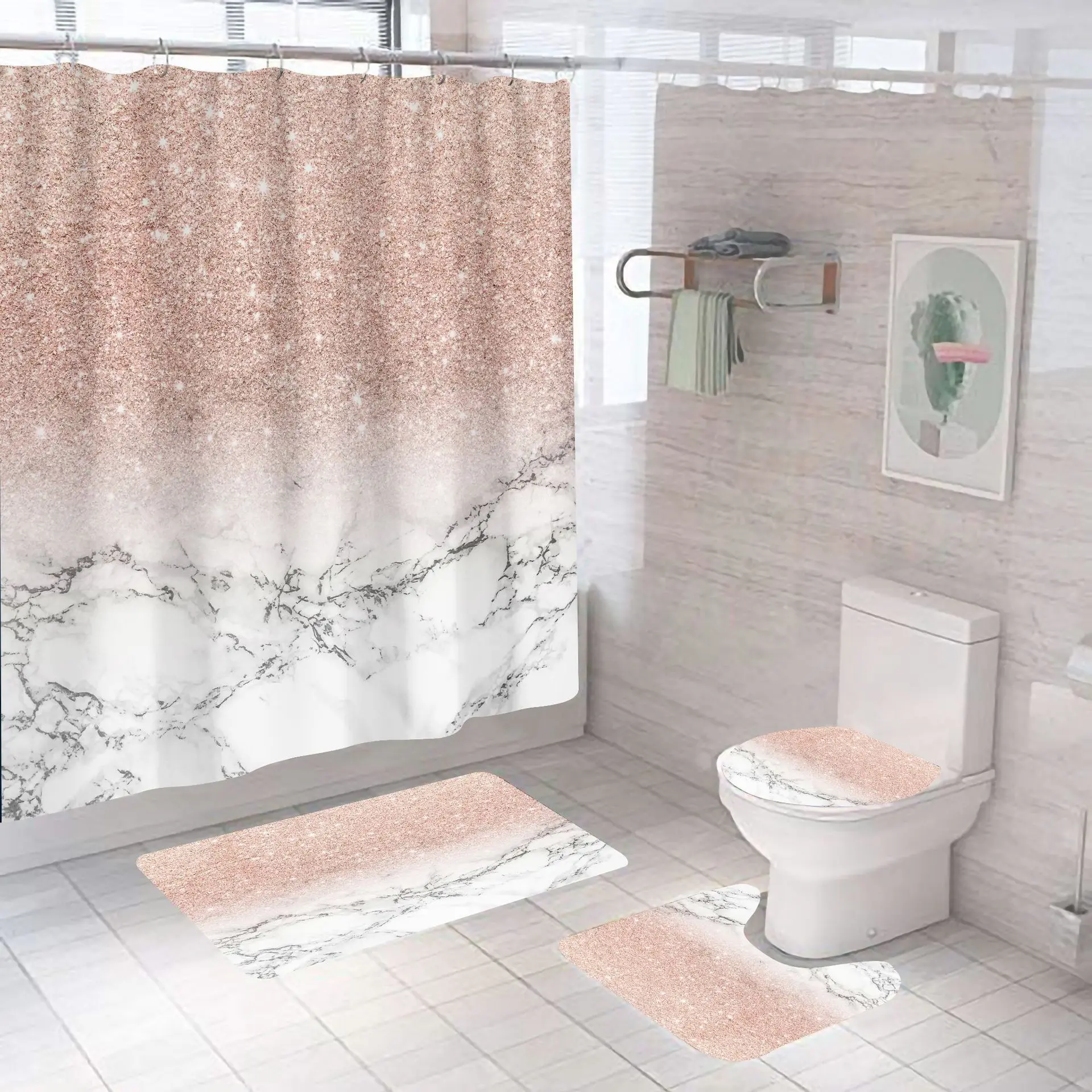 

Pink Gradient marble shower curtain, non-slip pad, polyester home decoration, 180x180cm