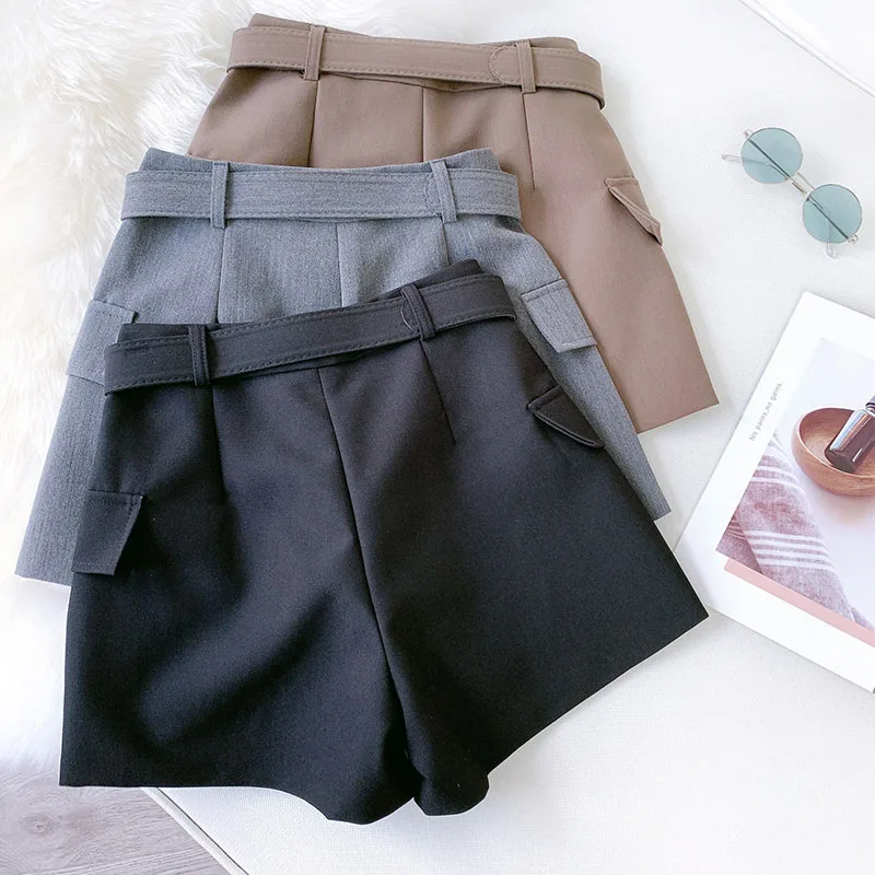 Wasteheart Autumn New Black Khaki Gray Polyester Shorts Women High Waist Camel Short Bottom Zipper Sashes England Style Formal