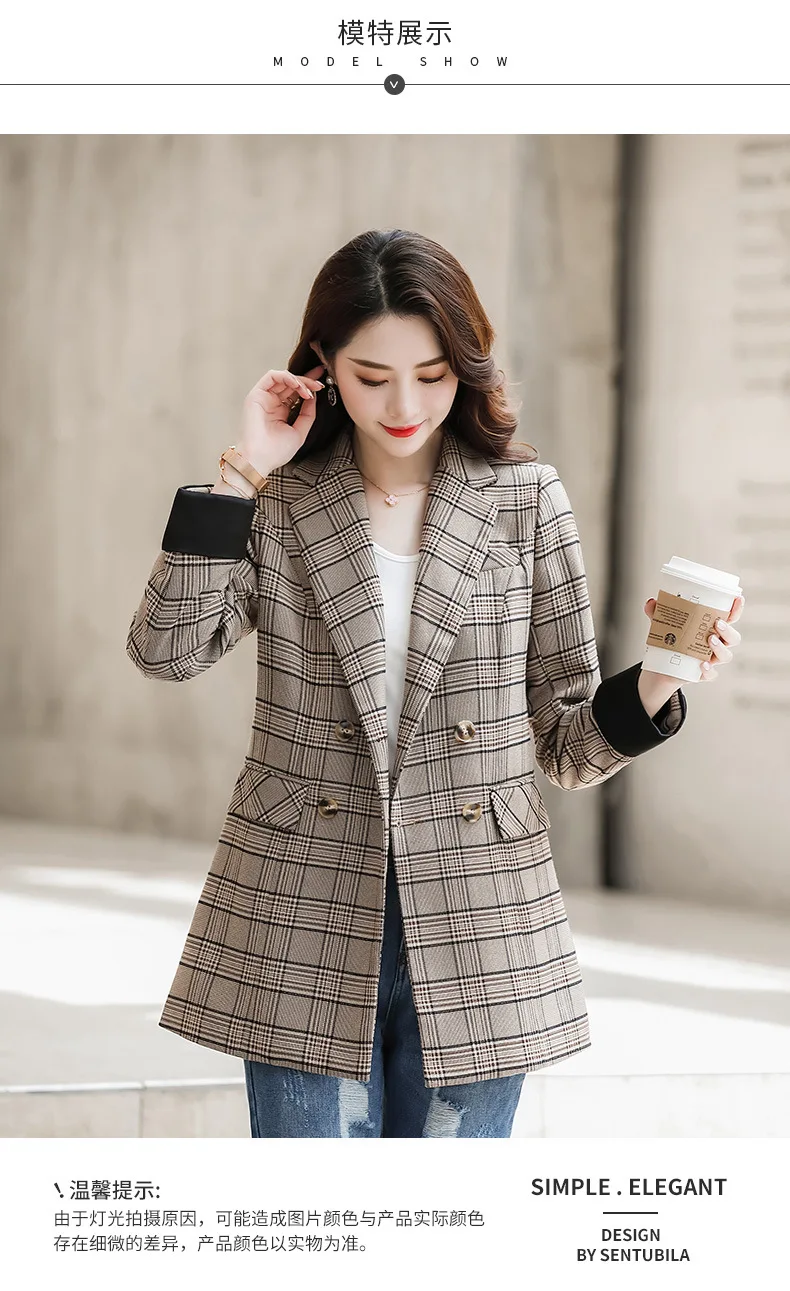 Small Suit Women's Autumn New Style Fashion Pattern Loose-Fit Coat Double Breasted Wear Plaid Suit WOMEN'S Dress