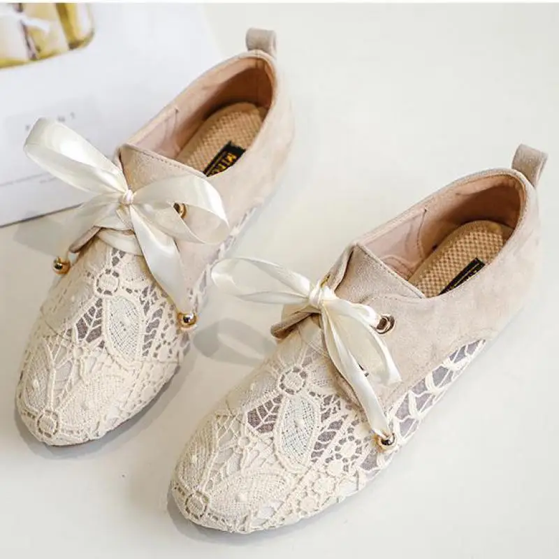 

Summer Women Breathable Mesh Knitted Flats Satin Bow Lace Round Toe Flat Loafers White Ladies Comfortable Casual Ballerina Shoes