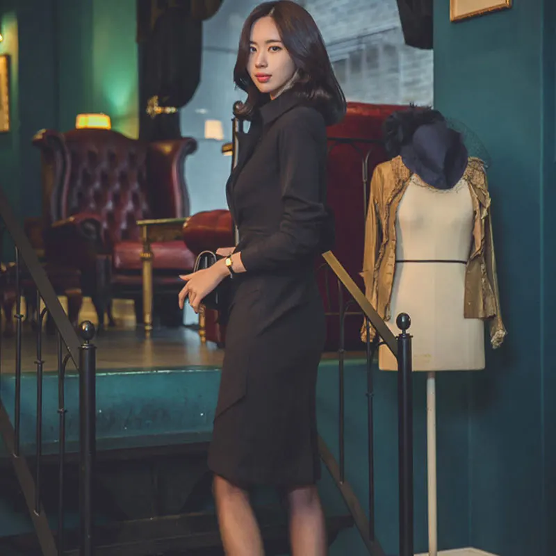 

Debutante New Style Solid Color Slim Fit Polo Collar Pleated Irregular Dress Black And White with Pattern Slim Fit Skirt