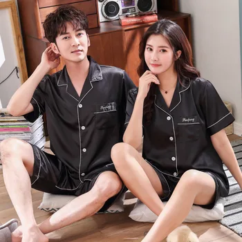 

Summer Short Pajamas for Women Clothes with Letters Embroidered Couples Cardigan Short-sleeved Pajamas Silk Clothing