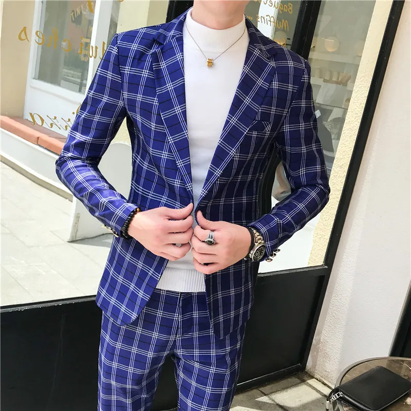 2019 autumn   men's plaid classic  suit 2-piece set (blazer + suit pants) men's fashion single button business casual plaid suit