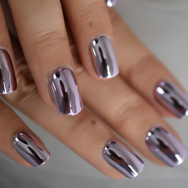 Punk Rock Style Metallic Pastel Purple Fake False Nails Metal Plating Acrylic Short Mirror Press on Nail Art Tips
