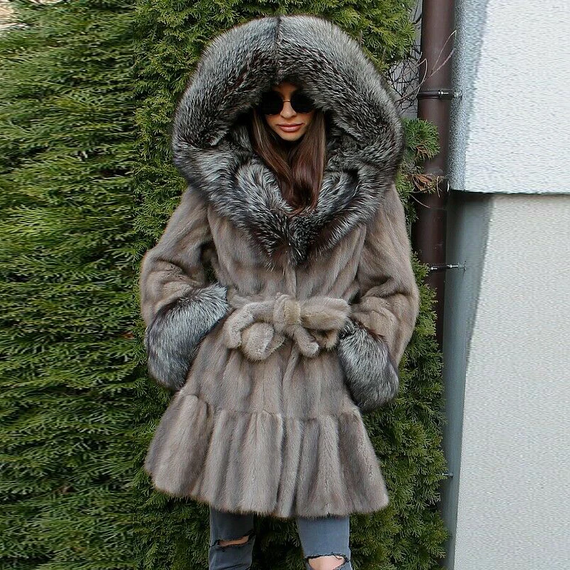 BFFUR 2022 модное натуральное Норковое меховое пальто для женщин, зимнее высококачественное пальто с натуральным мехом норки с большим мехом лисы, пальто с капюшоном
