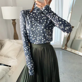 

Women Sweater 2019 New Star Print Long Sleeve High Lapel Top Fashion Joker Slim Shirt