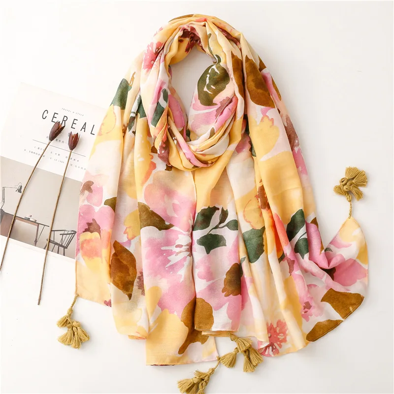 2024 Luxury Brand Ink Painting Floral Tassel Viscose Shawl Scarf Lady High Quality Pashmina Hijab and Wraps Foulard Muslim Sjaal 2024 luxury brand ink painting floral tassel viscose shawl scarf lady high quality pashmina hijab and wraps foulard muslim sjaal