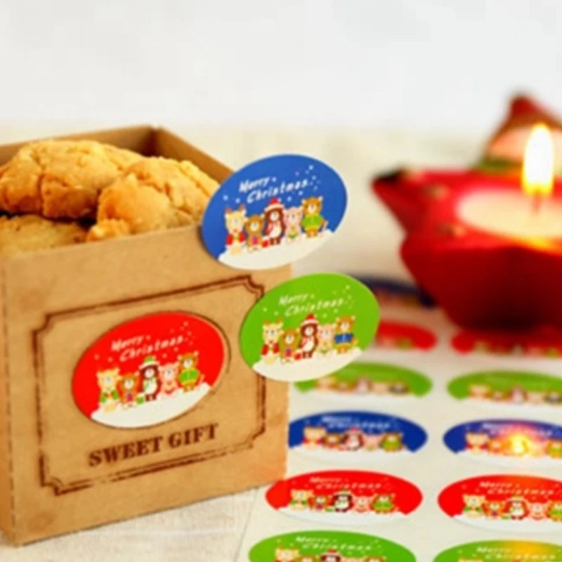 120Pcs/lot Chrismas Bear Ellipse DIY Handmade Gifts box Cookies Bags Envelope Paper Self sticker Stationery Sticker