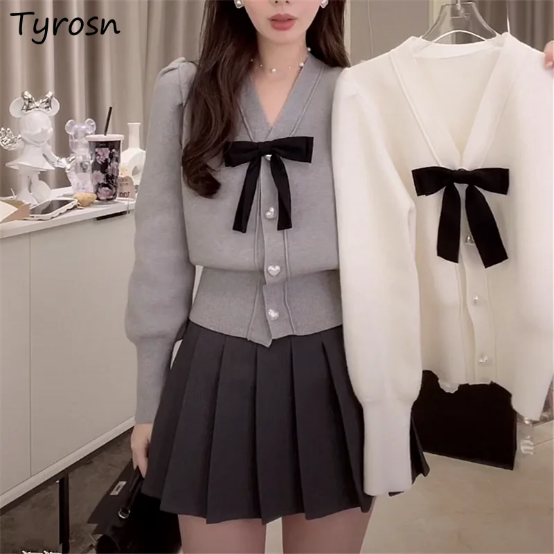 

Women Cardigans Ulzzang Bow Elegant Lady Sweet Girls All-match Slim V-neck Sweaters Preppy Style Tender Single Breasted Knitting