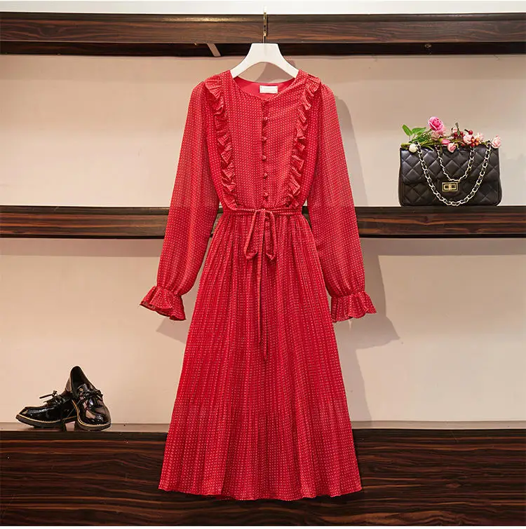 XL-5XL, большие размеры, женское винтажное шифоновое платье в горошек, осень, с оборками, в стиле пэчворк, с длинным рукавом, с бантом, со шнуровкой, женские платья-рубашки