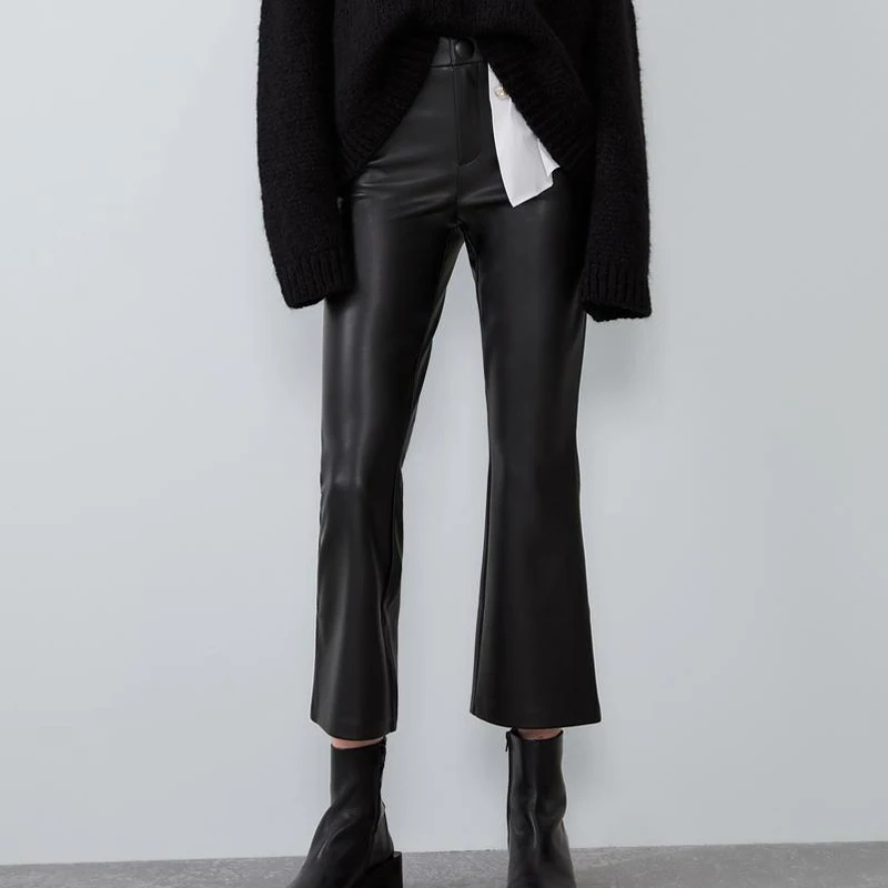 

Fandy Lokar Faux Leather Leggings Women Fashion Button PU Legging Women Elegant Solid Flare Leggings Female Ladies IC