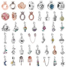 Новинка 925, Серебряный Очаровательный браслет Pandora с единорогом, Цветочная корона, лошадь, лягушка, смайлик, Дамбо, бисер, сделай сам, Женские Ювелирные изделия