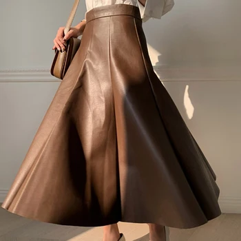 

New Spring Winter PU Leather Women Skirts Office Lady Solid Flare Skirts Zipper A-line Mid Length Elegant Female Skirt Work Wear