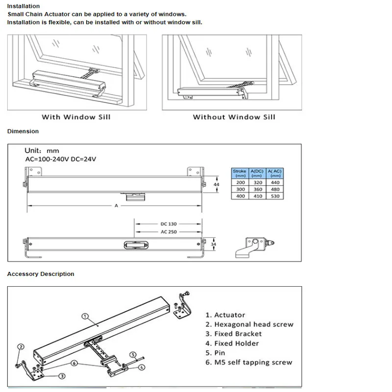 DC24V Малый одной цепи система открытия окна/Actutor мотор открыть 100 ~ 400 мм регулируемый