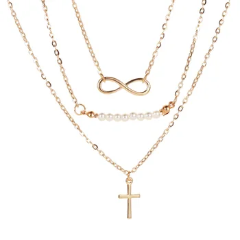 

Layered Necklace with 8 Word Pearl Multi-layer Necklace Cross Pendant Chain Cross Necklace Pearl Necklace Pendant Necklace