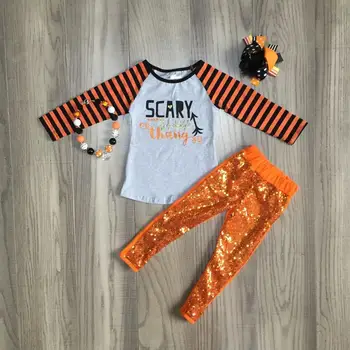 

children Girls halloween clothing girls outfits grey orange top with orange paillette pants boutique clothes with accessories