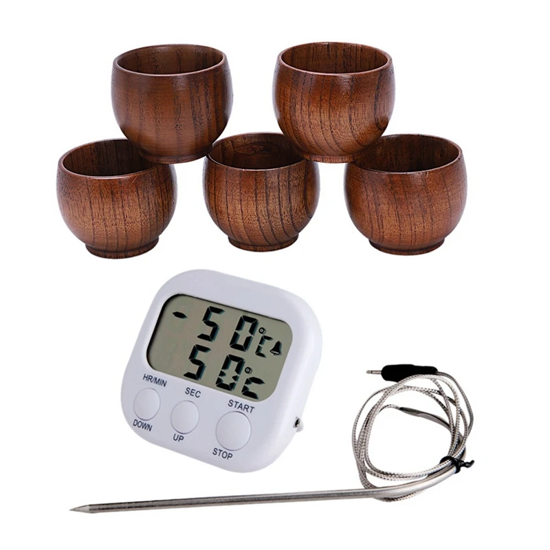 5Pcs Tea Set Small Wooden Cup &amp Lcd Food Thermometer -50-300 Degree Kitchen Temperature Meter and Alarm Timing Timer |
