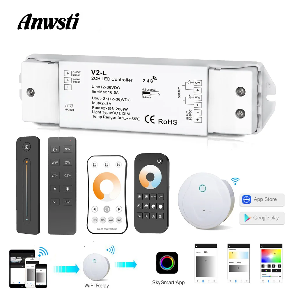 

WW CW LED Controller Wifi Smart RF Wireless 2.4G Remote Controller 12V 24V 36V 2CH CCT LED Dimmer for Single Color CT LED Strip