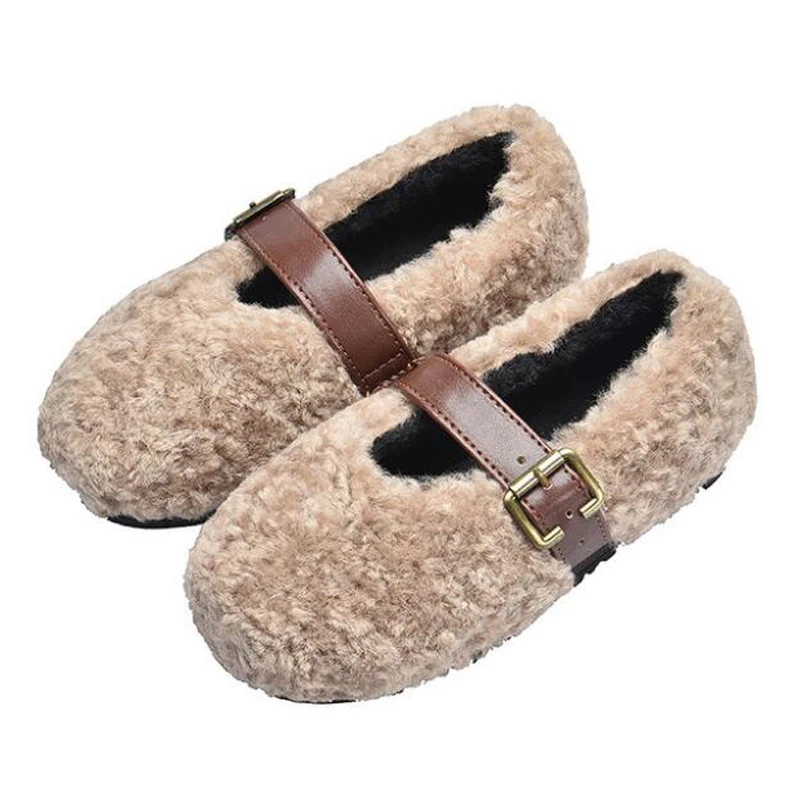 

Winter Girls Sheep Fur Cotton Shoes Little Children Plush Flat Loafers Shoes Kid Casual Shoes Size 26-32