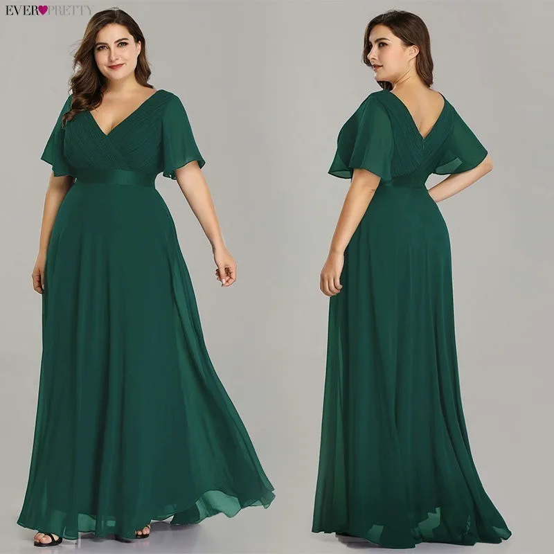Plus Size Evening Dresses Ever Pretty V-neck Nay Blue Elegant A-line Chiffon Long Party Gowns 2020 Short Sleeve Occasion Dresses