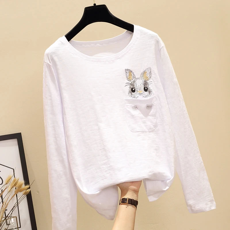 

T Shirt Woman Spring and Autumn New Pocket Embroidered Rabbit Slub Cotton T-shirt Solid Color Long Sleeve T-shirt Large Size T