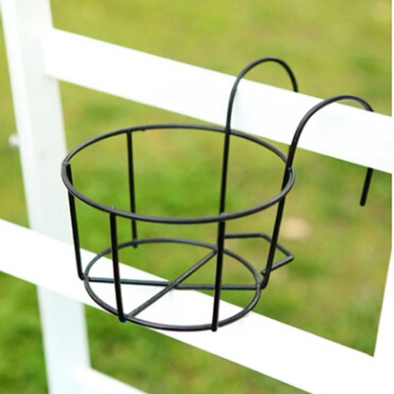 Balcony Round Flower Pot Basket Iron Railing Fence Hanging Potted Plant Rack Planter Stand Holder Garden Decoration 1Pc