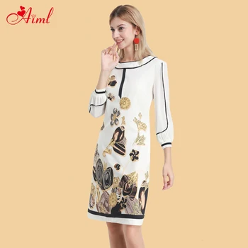 

Designer 2020 Spring Summer Lantern sleeve round neck Flower Print 3/4 Sleeve Mini Dress Lady New Pocket Elegant White Dresses