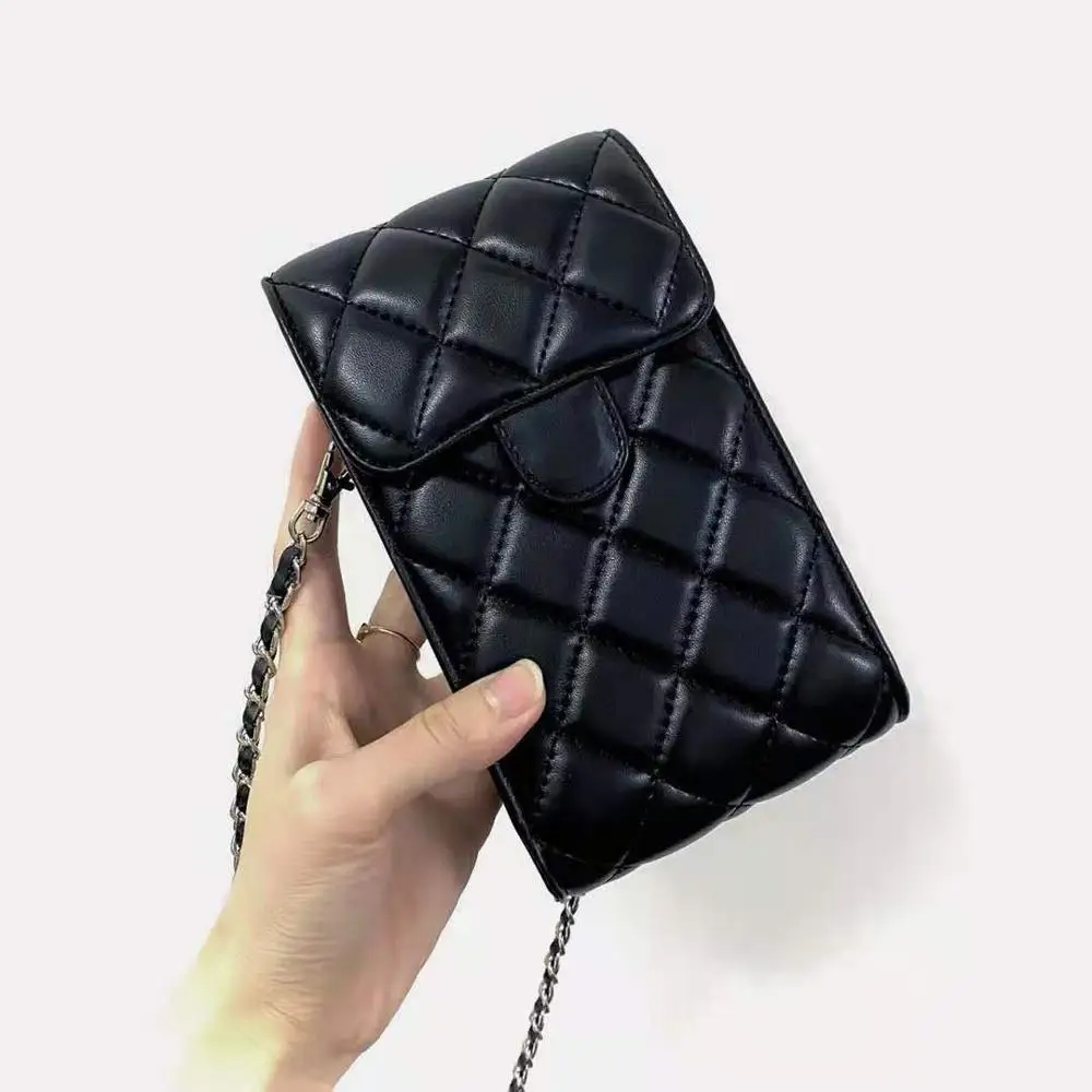 Luxury Chain Mini Crossbody Pouch Lambskin Caviar PU Leather Cellphone Cosmetic Bag Card Wallet Purse for All Mobile Phone