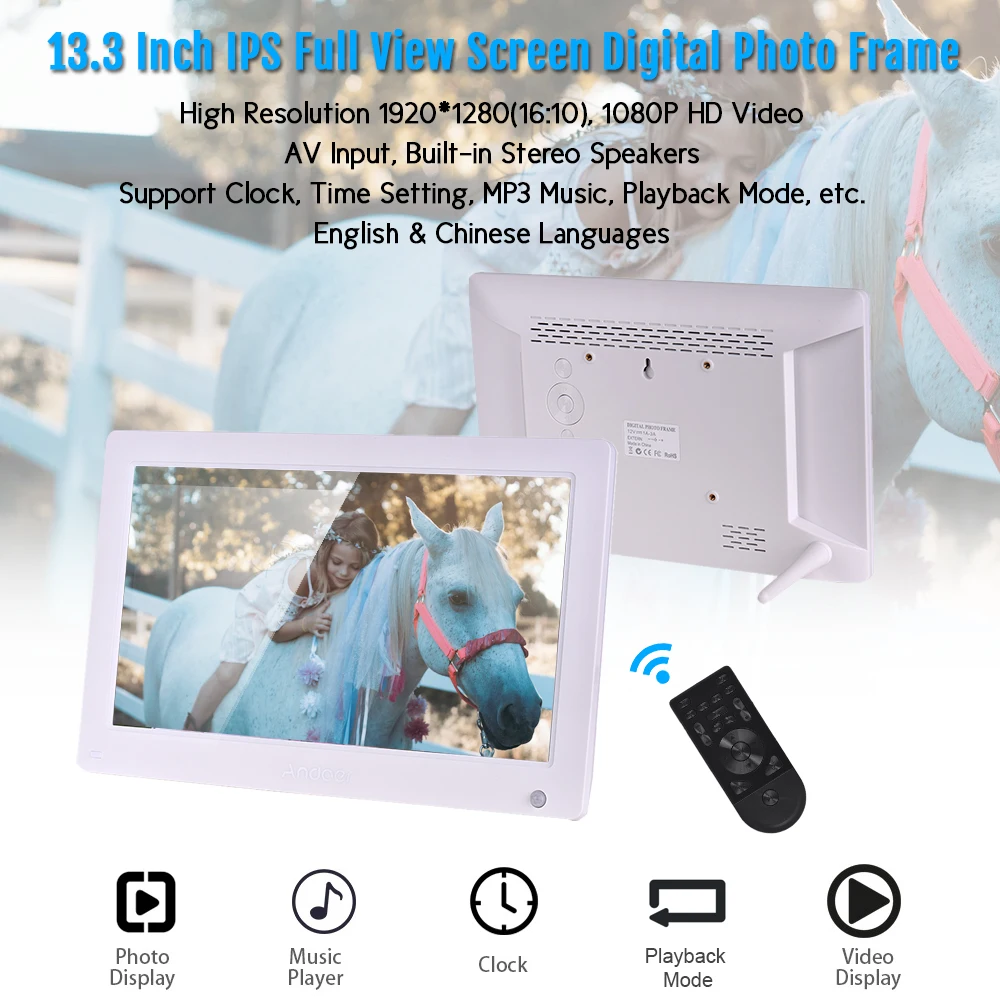 Andoer 13,3 дюймовая цифровая фоторамка ips полноэкранный цифровой фотоальбом с высоким разрешением Поддержка HD видео AV входные часы