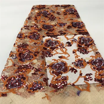 

orange New Arrival Sequins Lace Fabrics African Nigerian Tulle Mesh Lace Fabric for Wedding sequins Lace Fabrics with Sequins