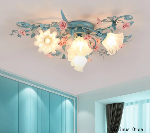 

Korean Pastoral Simple Flower and Grass ceiling lamp Restaurant Cafe Bedroom Mediterranean Romantic Colored Rose ceiling lamp