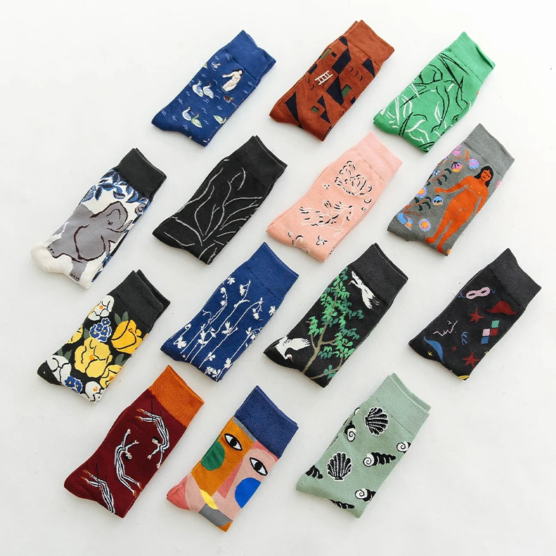 Хлопковые носки счастливые женщины Лебедь голубь мира птицы животных носки Красочная картина Пикассо носки примитивные племенные сумасшедшие мужские носки смешные