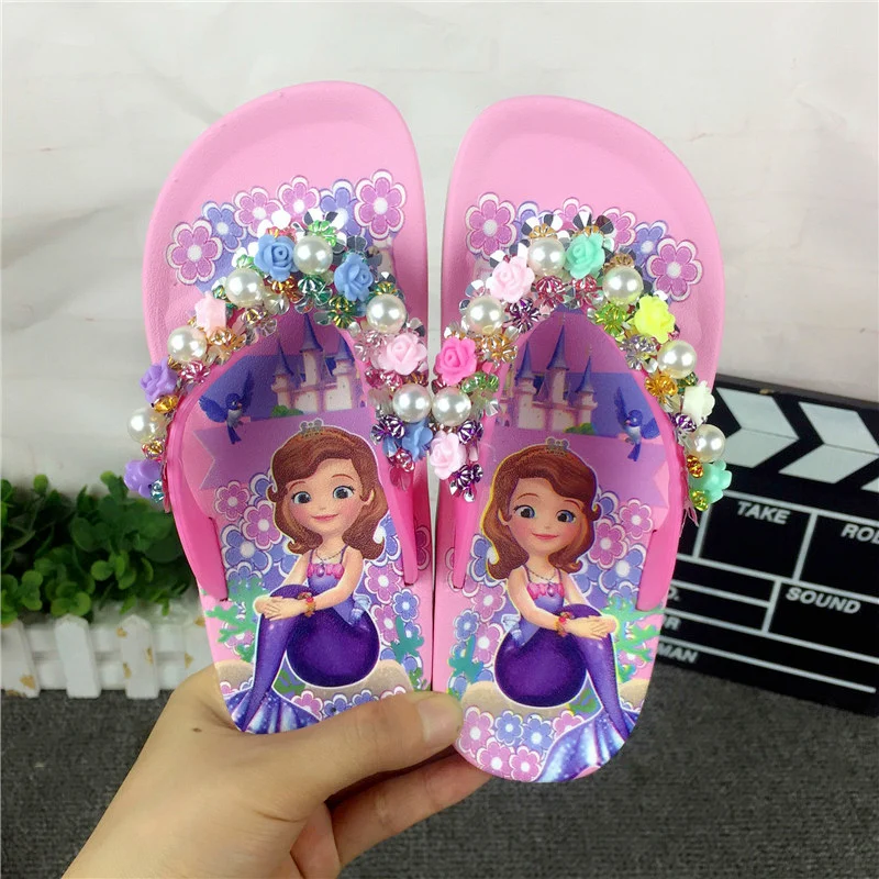 JY 2020 Summer Children girls Sofia with flower princess PVC beach Slippers Non-slip flip flop 26-39 2colors LS01