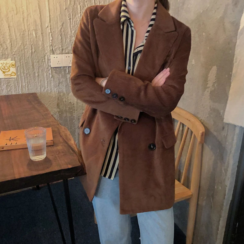 KINOMI, осенне-зимний винтажный вельветовый блейзер с карманами, полный рукав, однобортный пиджак, стильное пальто, куртка для женщин, новинка