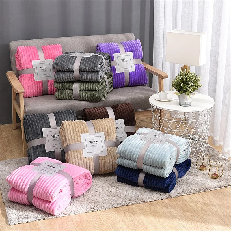 

2019 Soft Striped Flannel Blankets For Beds Solid Coral Fleece Throw Winter Bed Linen Sofa Cover Bedspread Warm Fluffy Blankets