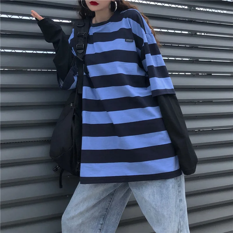 Woherb Harajuku футболка для женщин и мужчин в полоску Топы пэчворк Поддельные 2 шт. свободная футболка с длинным рукавом корейская модная футболка уличная одежда