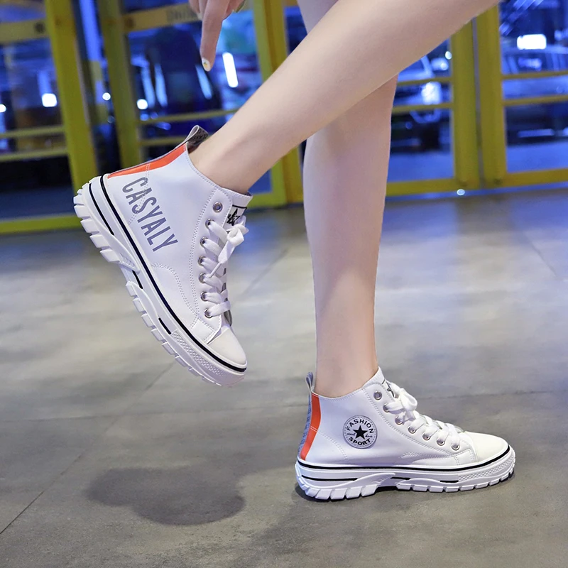 

fashion womens shoes high-top PU leather sweet casual shoes female lace-upThick bottom sneakers walking footwear tenis feminino