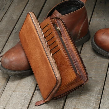 Portafoglio vintage in vera pelle Portafoglio lungo in pelle da uomo pochette da uomo fermasoldi maschili con cerniera attorno al portafoglio porta carte 1