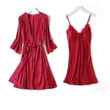 Сексуальный комплект из 2 предметов, ночная рубашка и халат, женский китайский стиль, Свадебный халат для невесты, шелковистая Домашняя одежда, ночная рубашка, атласное кимоно, халат, одежда для сна