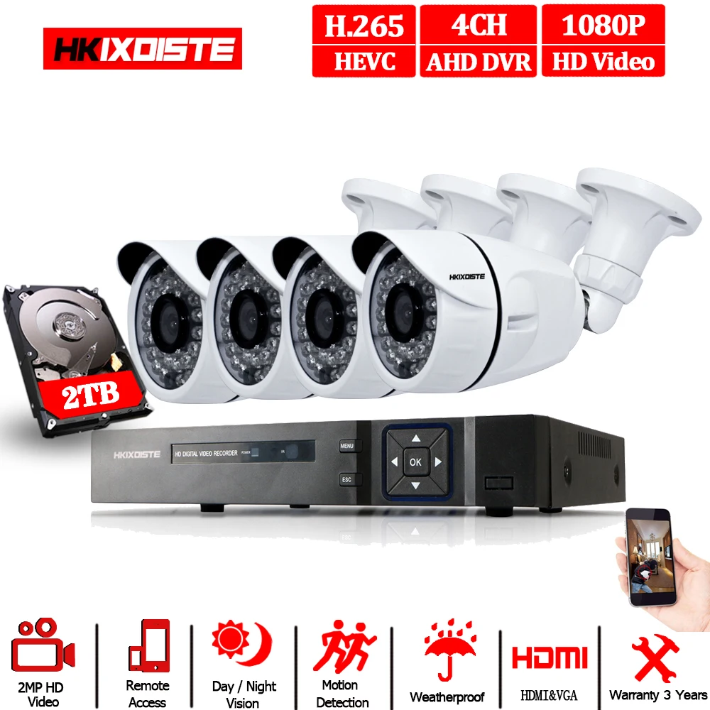 HKIXDISTE CCTV 4CH DVR 1080P наружная ИК Ночная камера система безопасности дома 4 канала 2.0MP