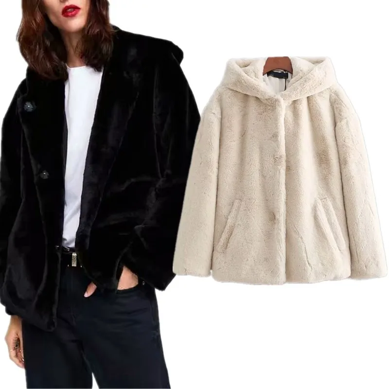 

Autumn New Style Europe And America WOMEN'S Dress-Style Solid Color Faux Fur Hooded Jacket Coat W2266