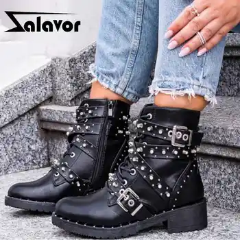

ZALAVOR New Woman Ankle Boots Rivets Buckle Cool Short Boots Women Fashion Winter Autumn Shoes Woman Footwear Size 36-41