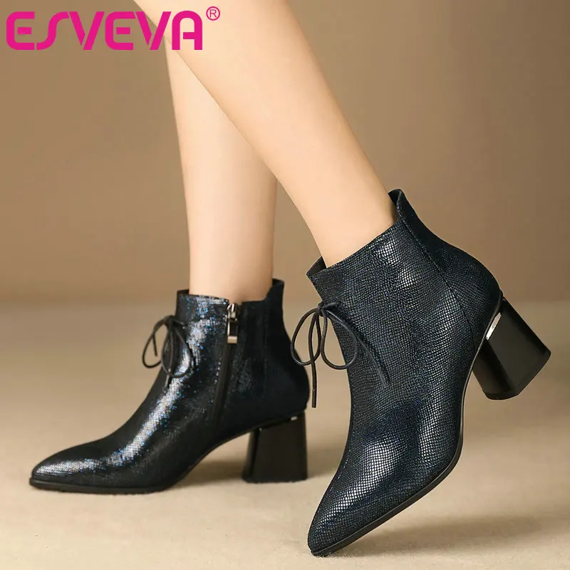 

ESVEVA 2020 Women Shoes Winter Ankle Boots Pointed Toe PU+ Leather High Heel Sexy Motorcycle Platform Boot Size 34-42