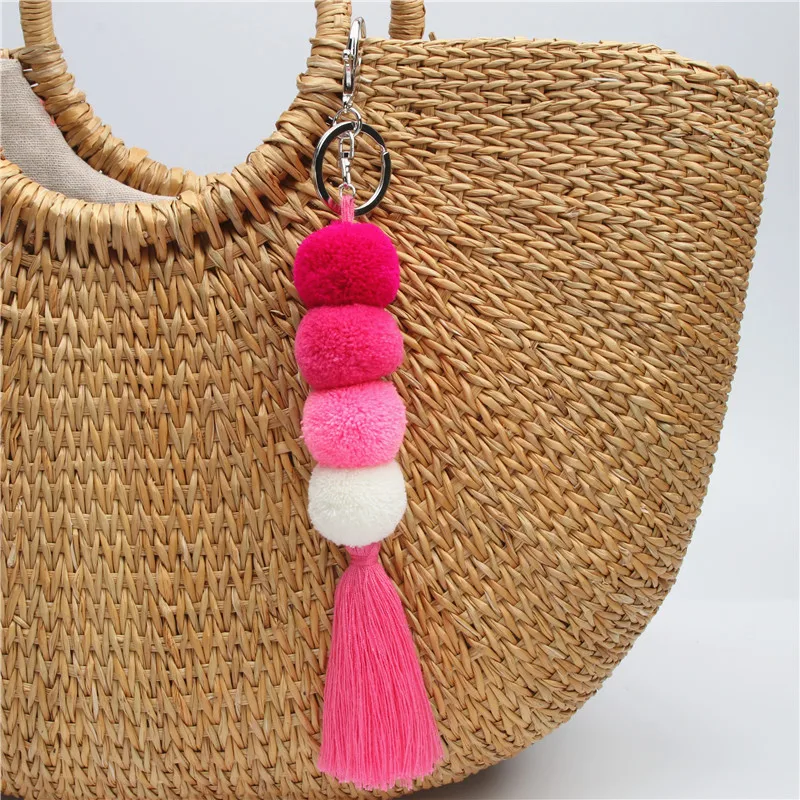 NXQXN 1pc Women Cute Pom Pom Keychain Bag Charms with Tassel Purse Charms Boho Keyring Neon Pink Mint