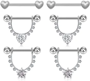 

3 Pair Nipple Rings Surgical Steel 14G Nipple Piercing Barbell with CZ Heart and Star Style Nipple Shield Ring for Women